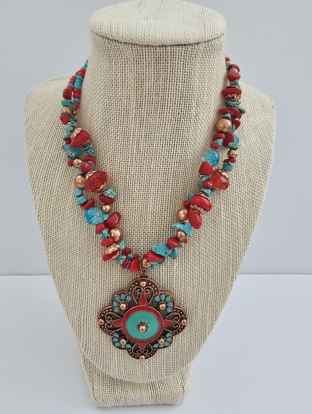 Susan Graver Copper Tone Turquoise Coral Beaded Medallion Pendant Necklace